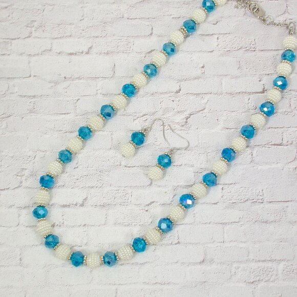 Blue glass and white round bead necklace an earring set with silver spacer beads - Picture 2 of 15